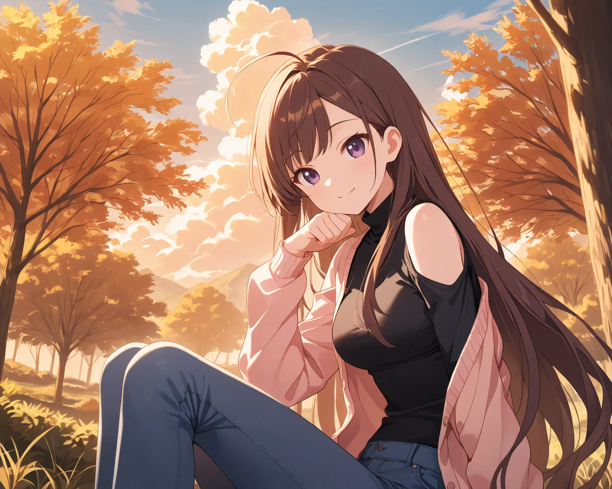 ung girl, solo, looking at viewer, white skin girl:1.6, (dark brown long fluffy hair:1.4, side swept parted hair bangs, ahoge), highschool girl, very short girl, slender body, medium breasts, detailed face, neutral expression, dark purple eyes, smile, anime, 8K, HDR, studio lighting, portrait photo, warm color palette, natural lighting, detailed background, outdoors, trees, plants, blue skies, cumulonimbus cloud, cute pose, serene, black turtleneck, long sleeves, light pink open cardigan, shoulder cutout, jeans