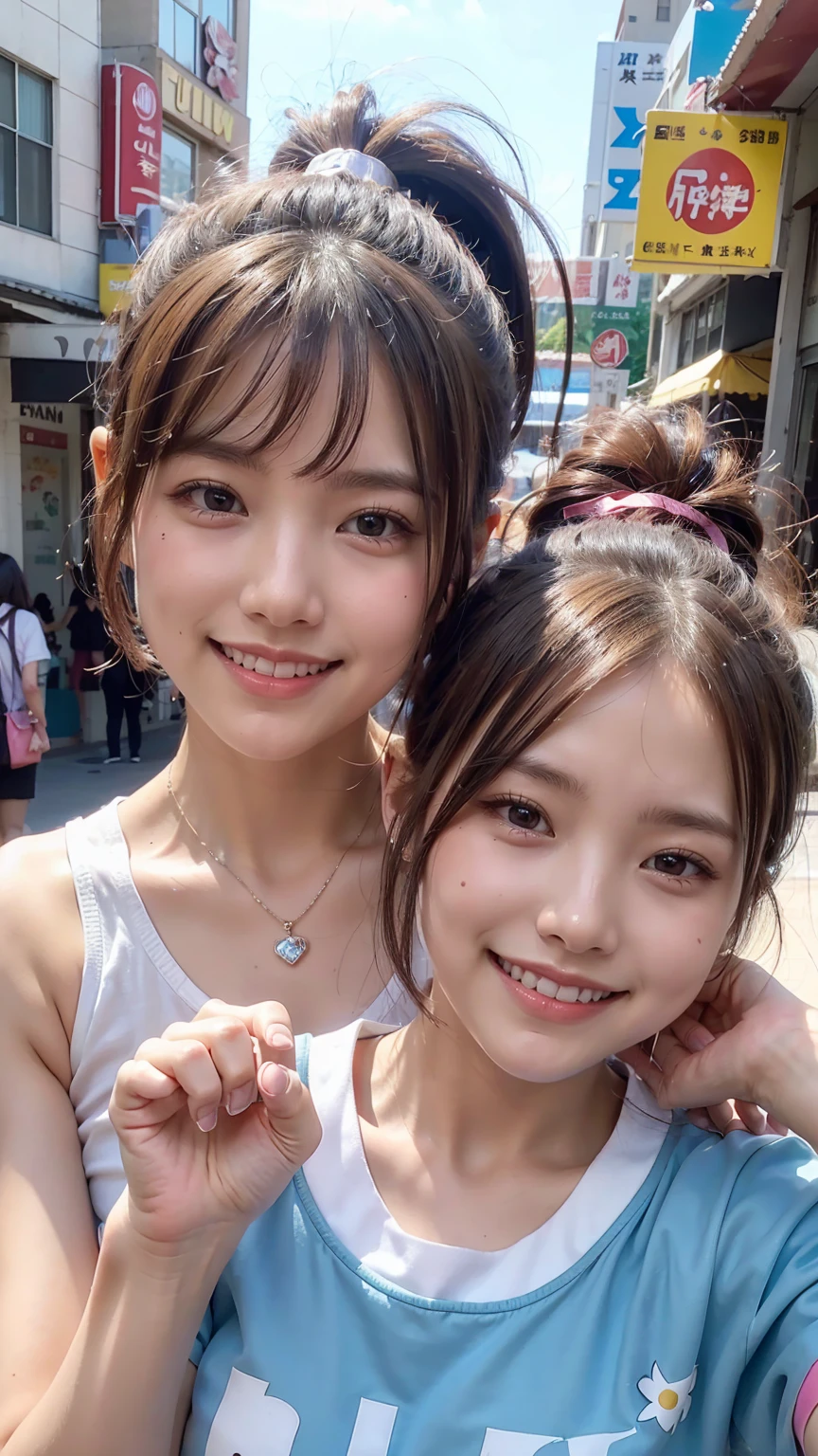 Highest quality、high resolution、(Selfie)、cheek-to-cheek、Two Girls、Japanese、20-year-old、Beauty、Beautiful face、Cute face、Well-formed face、Summer clothes、Tokyo cityscape