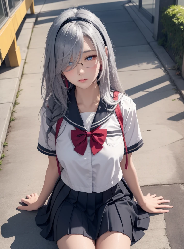 Allad image of white-haired cat-eared girl, Surrealism female students, photorealistic anime girl rendering, Surrealism female students, Realistic schoolgirl,cute kawaii girls, cute female student, Wearing a Japanese school uniform, Anime girl in real life, up of young anime girl, Cute anime girl, Realistic young gravure idol, girl cute-fine face, full face blush, slender figures, small boobs, Textured skin, High details