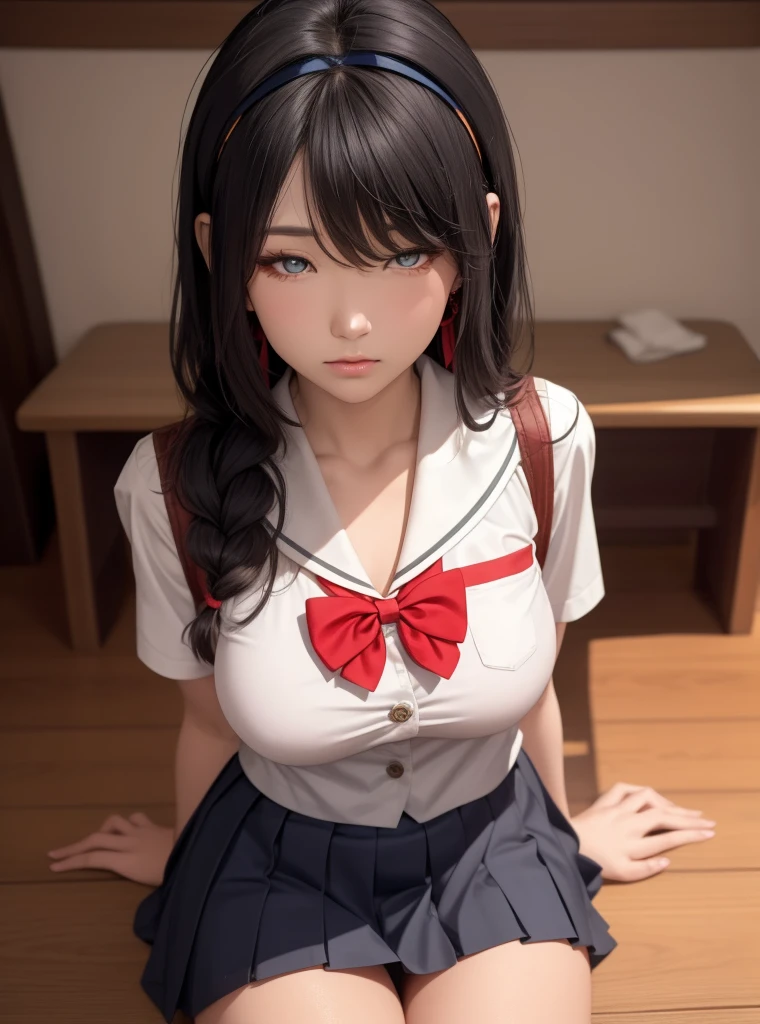 1 girl as yukino yukinoshita, absurdres, highres, solo, school uniform, big breasts, waist long black hair, (twintails:0.5), pleated miniskirt, black thighhigh socks, loose red ribbon, unbuttoned white shirt, (spread legs:1.2), (torn clothes:1.2), (ahegao:1.5), (rolling eyes:1.5), pov_doorway blush, looking_at_viewer