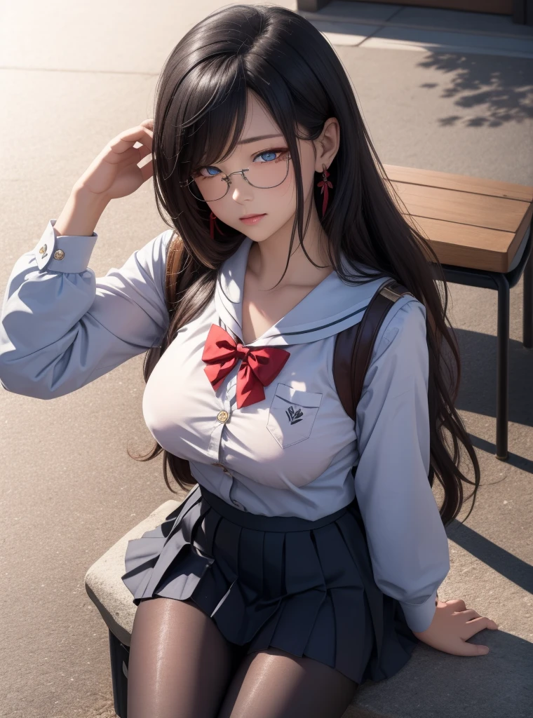 (((UHD)), ((highest quality)), ((masterpiece)), (Very detailed), (High resolution), (Beautiful detailed sparkle), (High detail), (Anatomically correct)), ((Realistic)), 8k, 1080P, Photorealistic:1.37, CG illustration, Anime 2D Rendering,

(((One Woman, Curvy Women))), 
(Symmetrical facial features:1.4, Perfect Face), Beautiful clavicle, (Beautiful fingers), (((Beautiful breasts, Slightly smaller chest))), 
Beautiful body, Beautiful thighs, Beautiful feet, Perfect round butt, (((Detailed skin, Oily skin, Textured skin, Beautiful white skin:1.4))), 

(((Baby Face, cute, 20-year-old))), 
(Droopy eyes, Expression of fine eyes, Beautiful and delicate eyes, Sparkling eyes, Eye Reflexes, Dark Eyes), 
(Beautiful Nose,Thin Nose), 
(Smaller mouth, Glossy Lips, Beautiful Lips, thick lips), 

(Beautiful Hair, Shiny Hair, Shiny Hair), Hair fluttering, (((Black Hair, Bangs:1.2, Airy Long Hair))), 

((Collared short-sleeved shirt, White shirt, Pleated skirt in red check, Red tie))、((Navy blue knee-high socks、loafers)、 Earrings、Glasses，(Shiny red headband)、
BREAK 

(smile), 
(Character Focus,  Full Body Shot, turn around),  

BREAK 
((noon、Sunshine、Sitting on the porch and waving))

