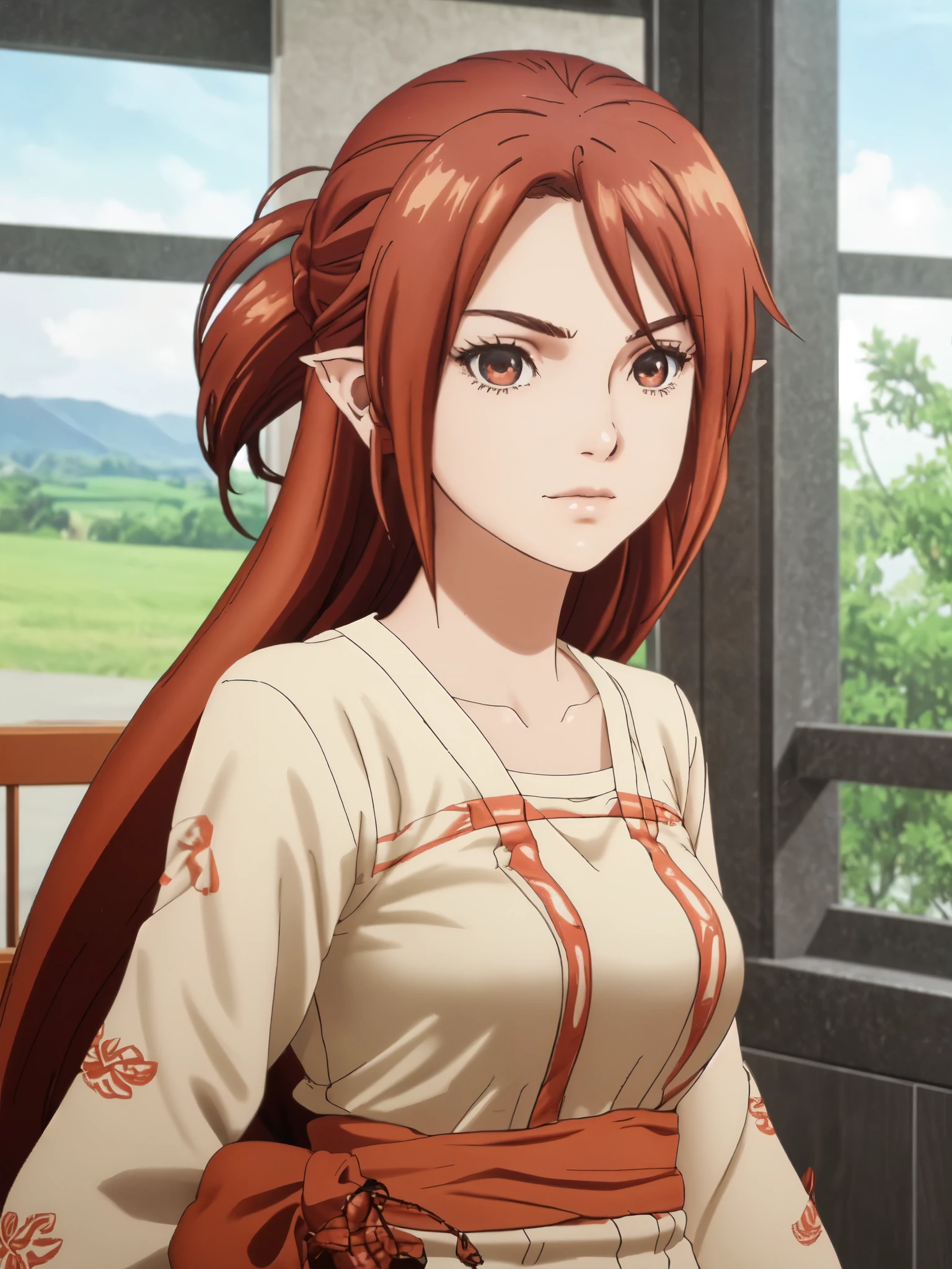 Mawar Kusa Dala is a 16-year-old female with a height of 168 cm, embodying a mix of Indonesian and Japanese heritage, highlighted by her distinctive elf-like ears. Her olive-toned skin (Fitzpatrick Type 3) complements her striking red hair and amber eyes, which feature double eyelids and an upturned, proportional shape. Her face is a harmonious blend of Hirona Yamazaki’s Japanese elegance and Anya Geraldine’s Indonesian charm, with a concave nasal bridge, pointed tip, and medium-width nose. Her arched, medium-sized eyebrows and medium-sized, Cupid’s bow lips with a slight downturn add to her unique beauty. Mawar’s expression is a subtle, elegant smile, reflecting her tsundere personality—outwardly stern but inwardly gentle. Her hairstyle is inspired by Kawasegawa Eiko, styled in a traditional yet refined manner. She wears a simple yet graceful red Indonesian traditional outfit, perfectly suited for the medieval era. The setting is a traditional wooden classroom with open windows offering a serene view of rolling hills, bathed in soft, natural morning light. The focus is on her upper body, from head to waist, with her amber eyes gazing directly at the viewer. The mood is serious with a hint of a frown, capturing the authenticity of her cultural background. The scene avoids any modern or anachronistic elements, ensuring a pure medieval atmosphere.