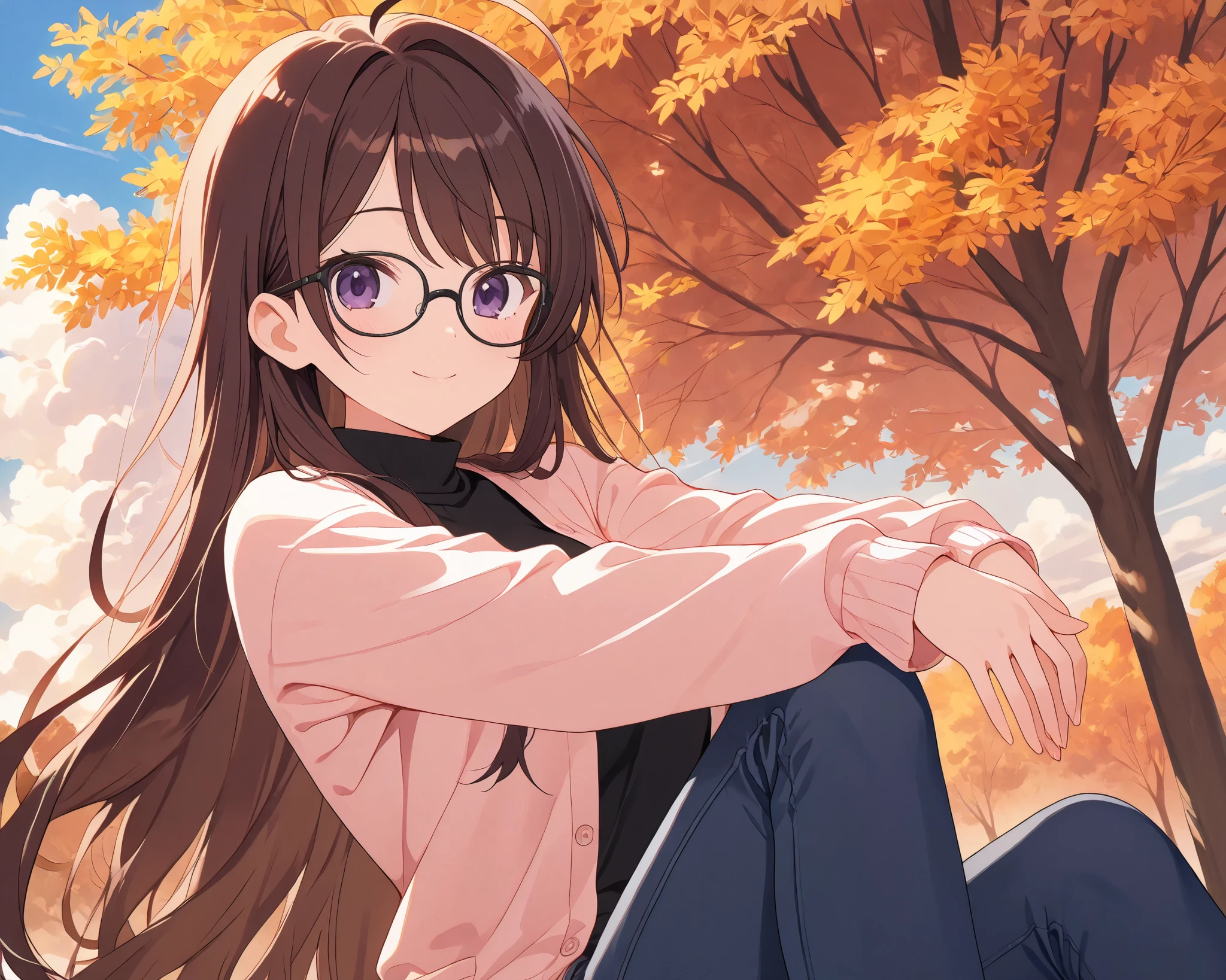 ung girl, solo, looking at viewer, white skin girl:1.6, (dark brown long fluffy hair:1.4, side swept parted hair bangs, ahoge), highschool girl, very short girl, slender body, medium breasts, detailed face, neutral expression, dark purple eyes, black square glasses, smile, anime, 8K, HDR, studio lighting, portrait photo, warm color palette, natural lighting, detailed background, outdoors, trees, plants, blue skies, cumulonimbus cloud, cute pose, serene, black turtleneck, long sleeves, light pink open cardigan, jeans