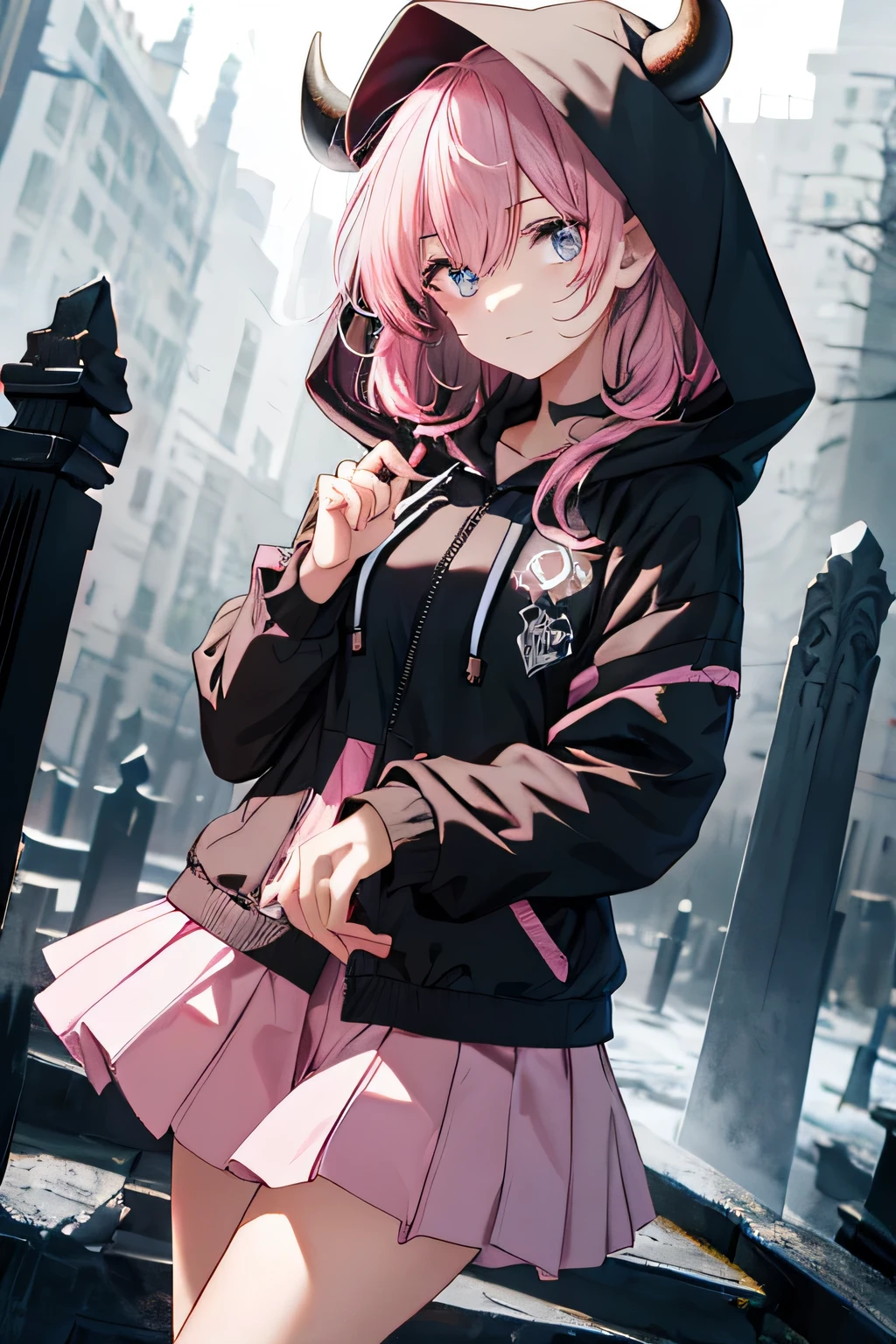 masterpiece, best quality, highres, bbhinano, short hair, (multicolored hair:1.2) beret, plaid headwear, hat bow, hair ornament, hairclip, necklace, black choker, black shirt, black jacket, open jacket, belt, black skirt, plaid skirt, asymmetrical legwear, fishnet thighhighs, garter straps, <lora:tachibana_hinano_v1:0.8>, holding gun, rifle, standing, ruins, outdoors, grin