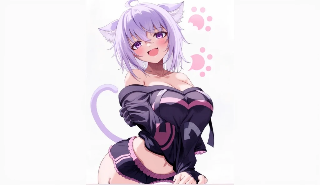score_9, score_8_up, source_anime, CheshireMGE, two-tone hair, long hair, hair bow, cat paws, facial mark, striped tail, smile, open mouth, white hoodie, long sleeves, oversized hoodie, bottomless, thick thighs, v, simple background, white background,