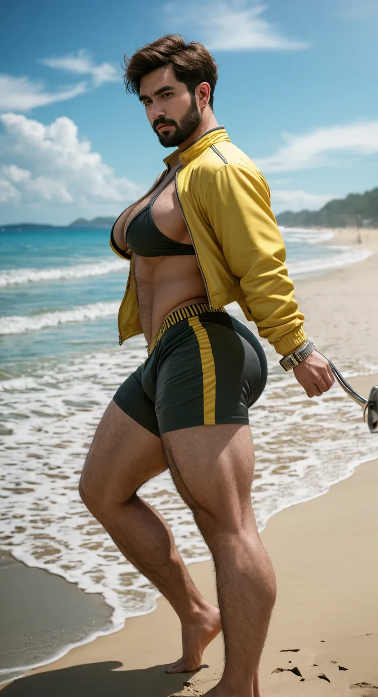 (1femboy chatting with elderly older bystanders), very very very beautiful blonde femboy, smiling seductively, femboy at private beach, dark hair, bikini top, flat chest:1.2, very tiny undersized thong barely covering:1.2, I habe bulge, 1arm behind my head, I’m playing with my small penis, barelegs to beach_sandals, fullbody pose, cowboy shot, surrounded by private beach seaside vibe, outdoor, skin glistening, sharp quality,