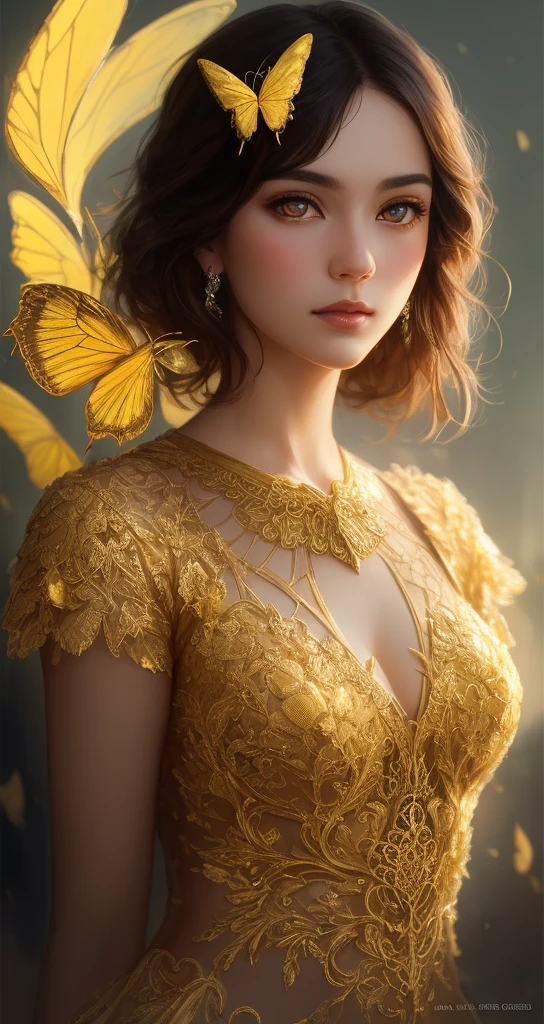 8k portrait of beautiful young woman with brown hair, intricate bra, elegant, highly detailed, majestic, digital photography, art by artgerm ruan jia and greg rutkowski surreal wet paint gold butterfly filigree, broken glass