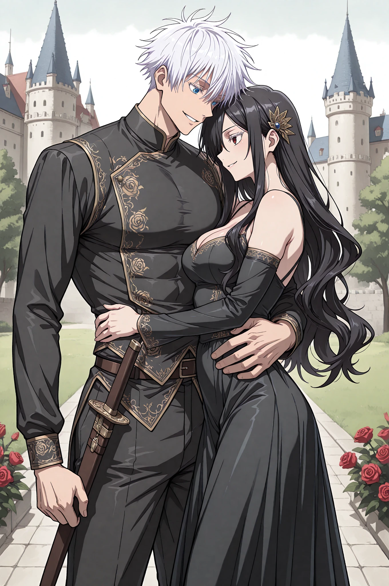 (((a man and woman couple posing dynamically, each one with their respective Lora)))At the heart of an incredibly realistic work of art., The neocruz man, or man , Midway transitions under the cover of night.. His muscles ripple and long black hair with a Count Dracula-style beard. , beautiful hugging woman.. He finds himself before an adult vampire junkotvv woman with (cat ears)., Her sleek leather outfit hugs her curves in a seductive way. its length, cabello negro con cat ears cae en cascada por su espalda, covering his face while putting up fierce resistance.. The captivating scene comes to life through fantastic realism., with every detail meticulously represented for the best sensory experience at night and under a full moon, on the outskirts of a gothic style castle.