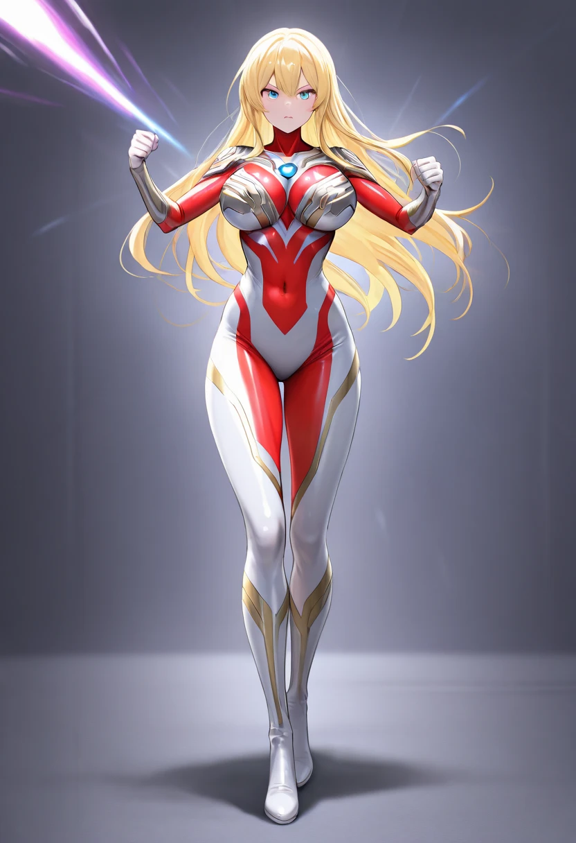Sexiest Full Body Superwoman - costume colours White and Red, Red colour is glowing, shining and glittering, lighting, background of image futuristic City "A 16K resolution image with ultra-high picture quality, ensuring sharp, crisp details and textures throughout. The image should have exceptional clarity, with vibrant, true-to-life colors and a high dynamic range. Lighting should be natural, enhancing depth and detail, with no noise or blurriness, even in the Lightest areas." closest shot.