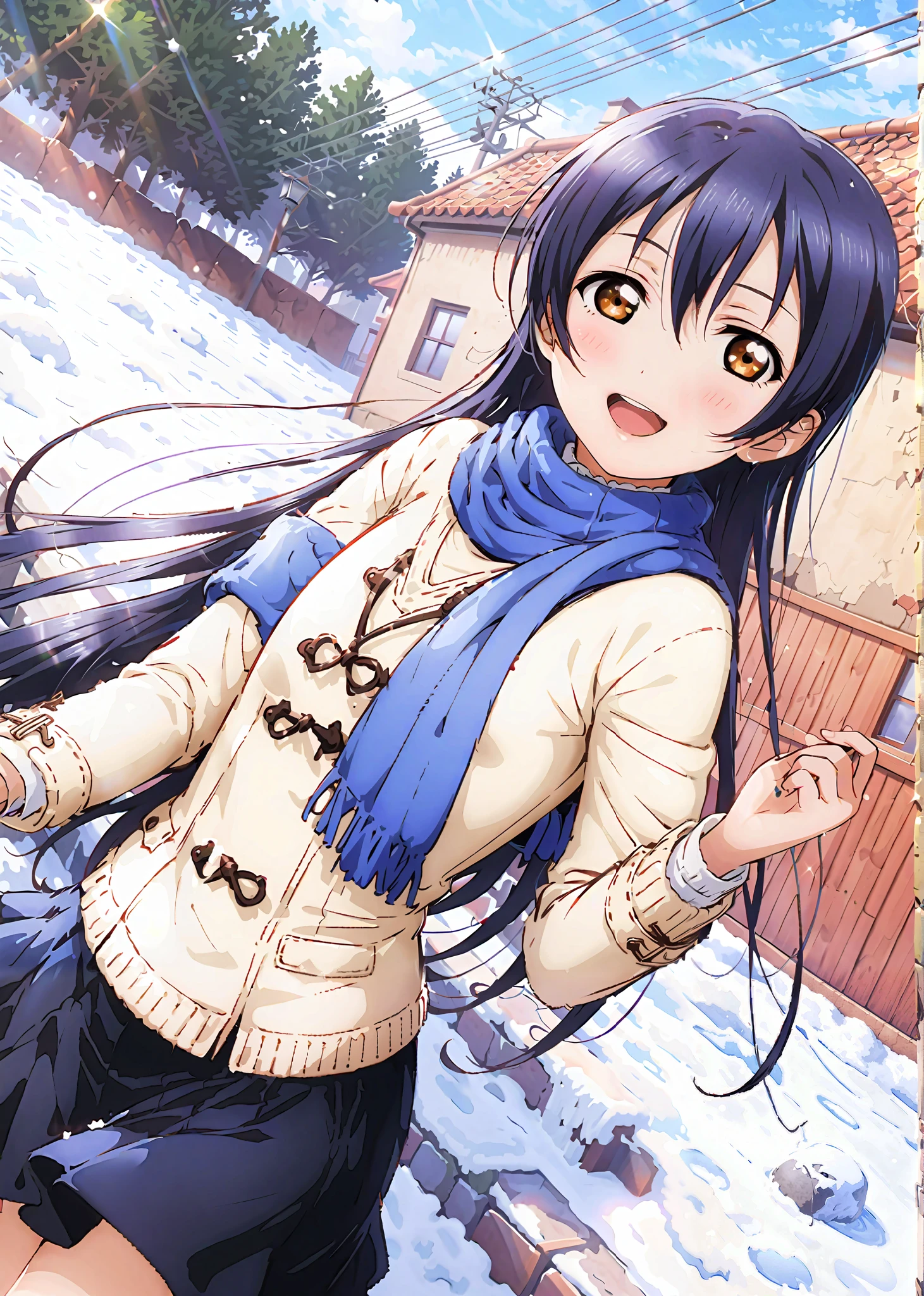 Sonoda Umi , Alone,long hair, bungs, Between the eyebrows, brown eyes, Lantern,smile,blush,open your mouth,half up do,Glasses,duffle coat,(sweater :1.2),( turtleneck:1.2),blue scarf ,Black long skirt,Short Boots,snow,morning,walking,full bodyがイラストに入るように, break outdoors, residential area,
break looking at viewer,full body,
break (masterpiece:1.2),top quality , kampala, Unity 8K Wallpaper ,(shape:0.8),( fine, beautiful eyes :1.6),It's a person ,full body写真,CG Details , (perfect hands with full nudity,complete anatomy),,