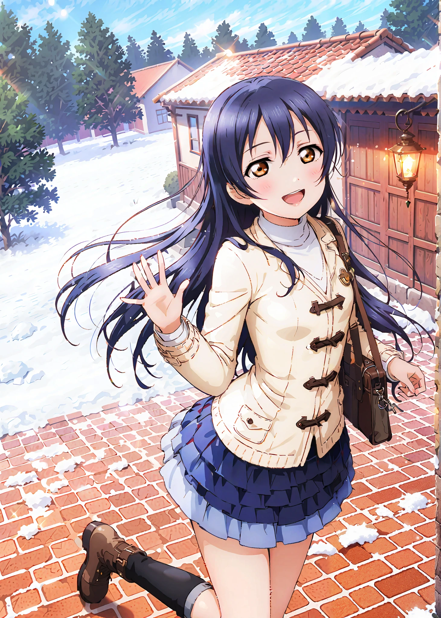 Sonoda Umi , Alone,long hair, bungs, Between the eyebrows, brown eyes, Lantern,smile,blush,open your mouth,half up do,Glasses,duffle coat,(sweater :1.2),( turtleneck:1.2),blue scarf ,Black long skirt,Short Boots,snow,morning,walking,full bodyがイラストに入るように, break outdoors, residential area,
break looking at viewer,full body,
break (masterpiece:1.2),top quality , kampala, Unity 8K Wallpaper ,(shape:0.8),( fine, beautiful eyes :1.6),It's a person ,full body写真,CG Details , (perfect hands with full nudity,complete anatomy),,
