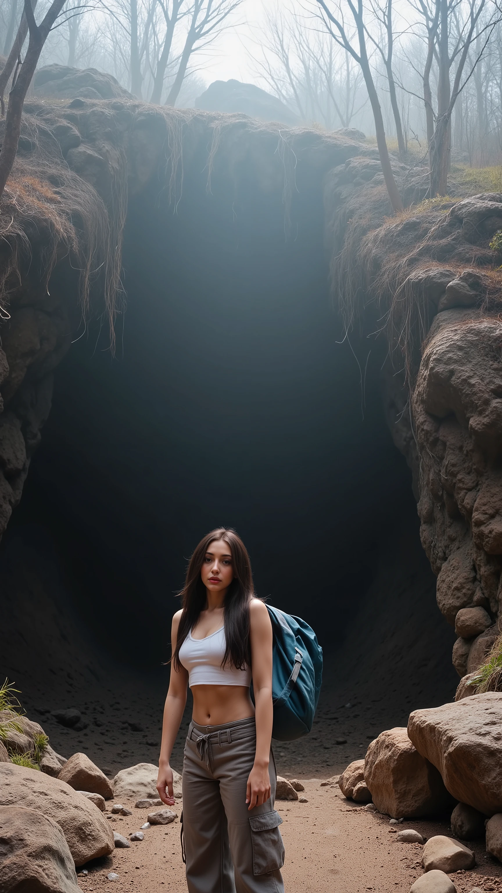 realistic portraits, Black long-haired Egyptian woman, 20 years old, with big breasts wearing a white bra, hiking pants, carrying a bag in the back.
Standing in front of a mysterious cave in a mountain covered in thick fog, the atmosphere is mysterious and inquisitive. The mouth of the cave is completely dark and covered with vines. The surrounding area is rocks and dry trees that look old, soft sunlight shining through the fog gives a sense of mystery.