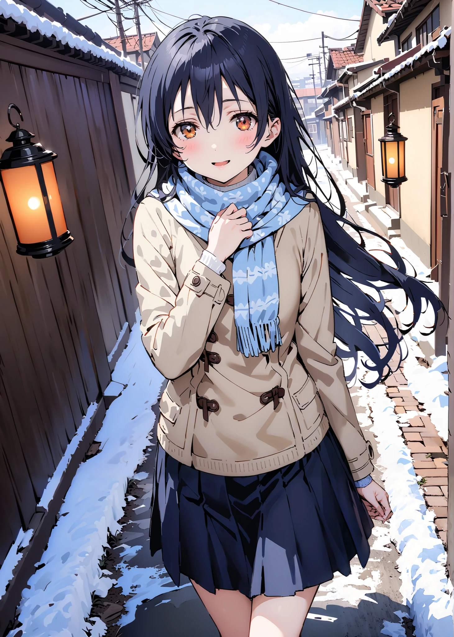 Sonoda Umi , Alone,long hair, bungs, Between the eyebrows, brown eyes, Lantern,smile,blush,open your mouth,half up do,Glasses,duffle coat,(sweater :1.2),( turtleneck:1.2),blue scarf ,Black long skirt,Short Boots,snow,morning,walking,full bodyがイラストに入るように, break outdoors, residential area,
break looking at viewer,full body,
break (masterpiece:1.2),top quality , kampala, Unity 8K Wallpaper ,(shape:0.8),( fine, beautiful eyes :1.6),It's a person ,full body写真,CG Details , (perfect hands with full nudity,complete anatomy),,