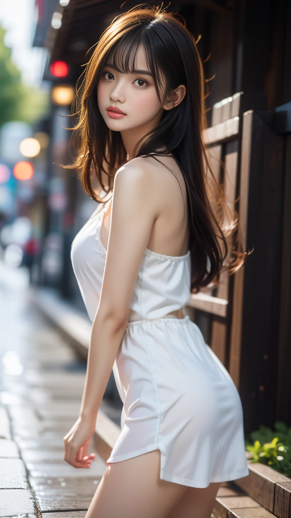 1 Girl,Leaning against the wall,Soft Light,Chinese Beauty,Tight Fit,dress,Ponytail argued