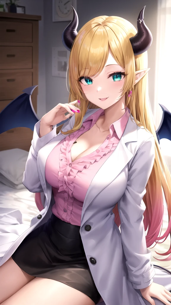 chocoyuzuki, <lora:choco yuzuki-lora-nochekaiser:1>,
choco yuzuki, aqua eyes, black horns, blonde hair, demon girl, demon horns, demon tail, demon wings, gradient hair, horn ornament, horn ring, horns, long hair, multicolored hair, pink hair, pointy ears, (swept bangs:1.5), tail, wings, colored tips, smile,
BREAK black skirt, breast tattoo, (cleavage:1.2), frilled shirt, frills, lab coat, (white labcoat:1.5), (pink shirt:1.2), shirt, skirt, tattoo,
BREAK indoors, bed,
BREAK looking at viewer, (cowboy shot:1.5), dynamic pose,
BREAK <lyco:GoodHands-beta2:1>, (masterpiece:1.2), best quality, high resolution, unity 8k wallpaper, (illustration:0.8), (beautiful detailed eyes:1.6), extremely detailed face, perfect lighting, extremely detailed CG, (perfect hands, perfect anatomy),
