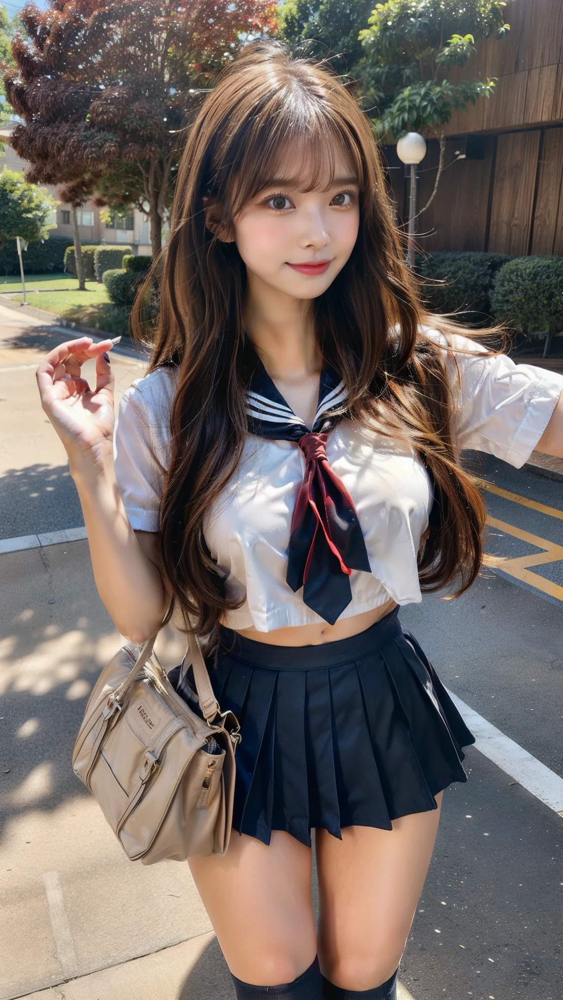 ((top-quality、8K、masterpiece:1.3))、foco nítido:1.2、Beautiful Women in Perfect Style:1.4、Slender Abs:1.2、((dark brown hair、Colossal tits:1.2))、(natural soft light、City Street:1.1)、Highly detailed facial and skin texture、A detailed eye、二重まぶた、Sexy schoolgirl in miniskirt sailor suit、A slight smil