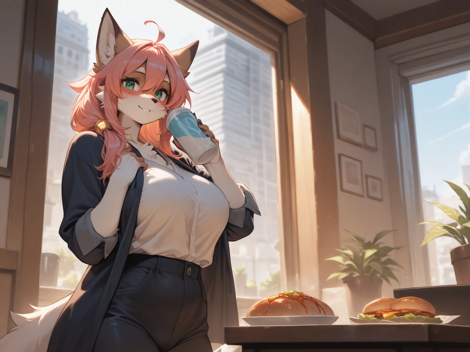 vivid color
Wolf furry girl
wearing raincoat,
cowboy shot, (looking at viewer, looking back, (look up:1.2), (from side:1.2), (from above:1), face focus, (leaning forward:1.3), (arms behind back),,
Coffee shop
slanted eyes
