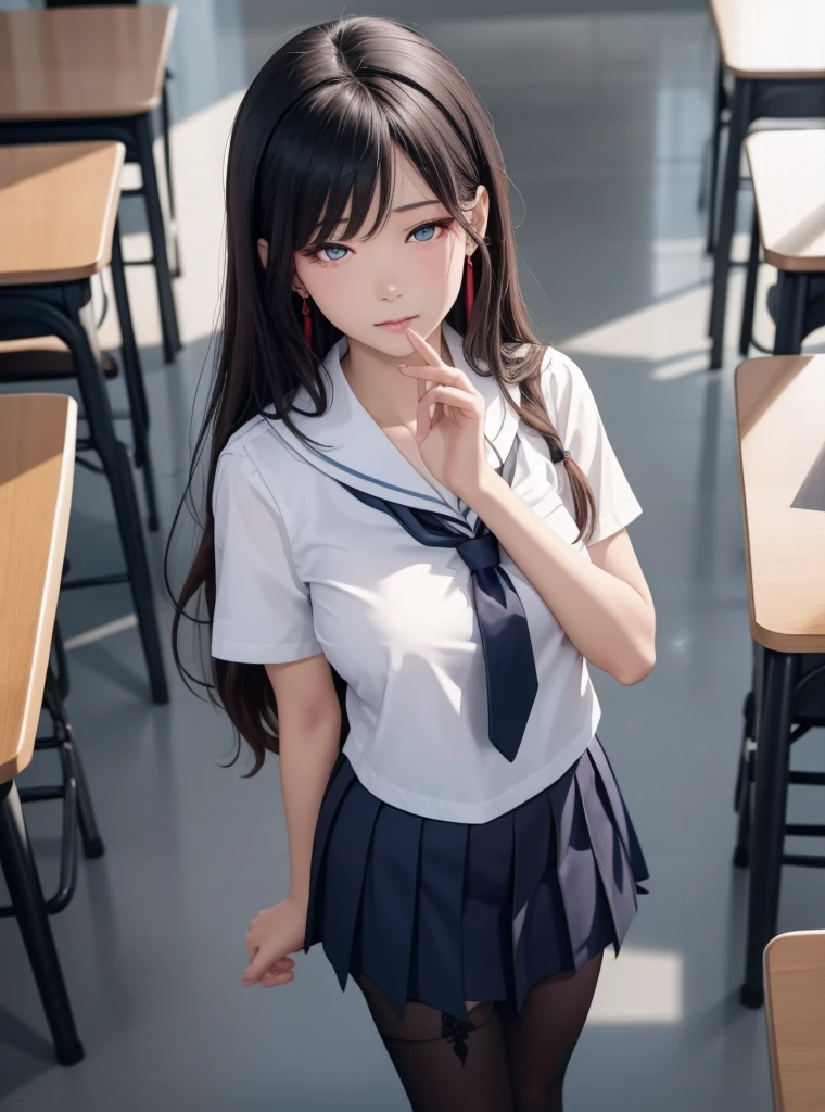 A young woman, 18 years old, with long purple hair, wearing a sailor uniform, sitting in a classroom (School 1.5 in the background) (Serious expression, Cold 1.5) (highest quality: 1.1) (masterpiece: 1.3) with an unparalleled masterpiece, Surreal 8K, Perfect artwork, Super detailed, highest quality, masterpiece 4K wallpaper aesthetics, masterpiece, Award-winning works, Official Art, Cinema Lighting