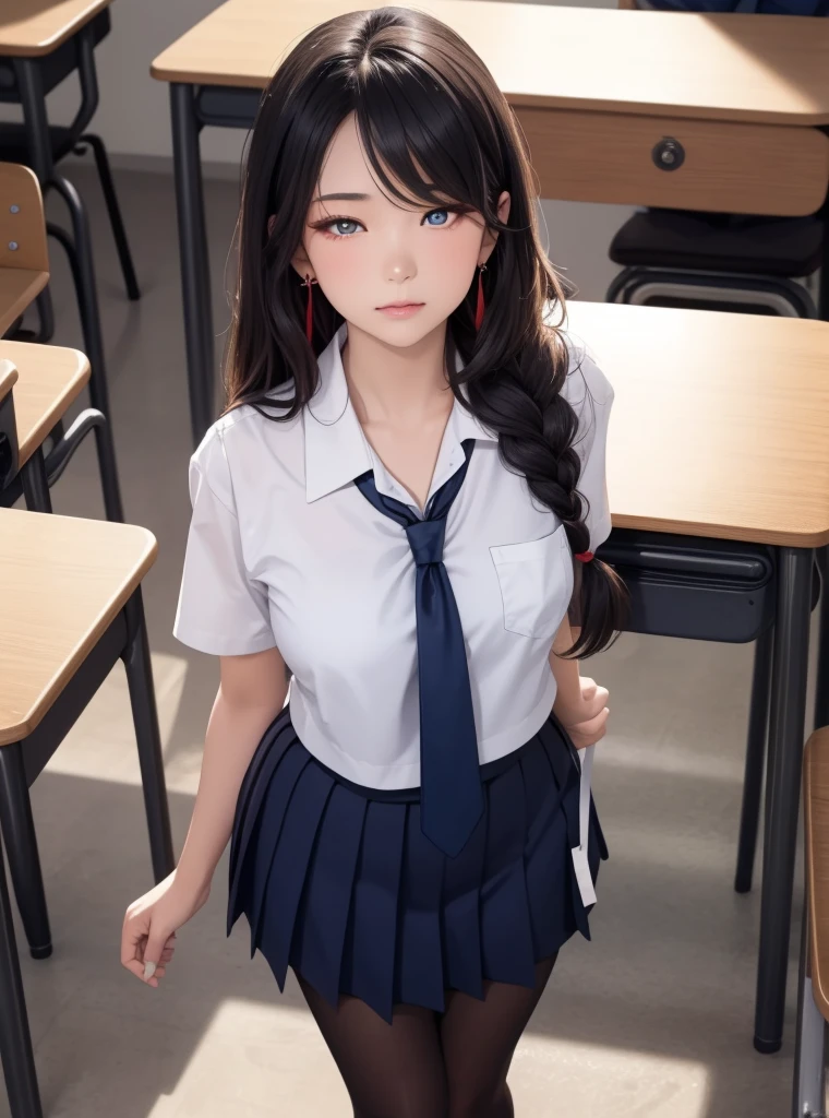 nagatoro hayase, hair ornament, brown eyes, hairclip, (dark skin, dark skinned female), black hair, (gyaru, bimbo, thin toned body, long legs, thick thighs, narrow waist), wide hips, beautiful detailed face, detailed body, detailed eyes, tight slutty school uniform, pleated red latex skirt, white shirt tucked in, (white thighhighs, low heels)