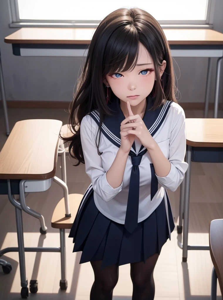 1girl in, 独奏, Homura, Black Hair Band、long、( standing expressionless) Classroom, 校服, (masterpiece:1.2), (top-quality:1.15), ighly detailed, (8K、Raw photography、top-quality、masterpiece:1.2)、(realisitic、Photorealsitic:1.37)、ultra-detailliert、 1 girl in、