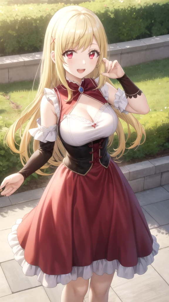 1girl, natural lighting, masterpiece, highly detailed, illustration, game CG, absurdres, high quality, beautiful detailed eyes, glossy lips, natural lighting, medium breasts, klaudia valentz, collarbone, cleavage, corset, red dress, light smile, night, neon lights, red carpet, crowd