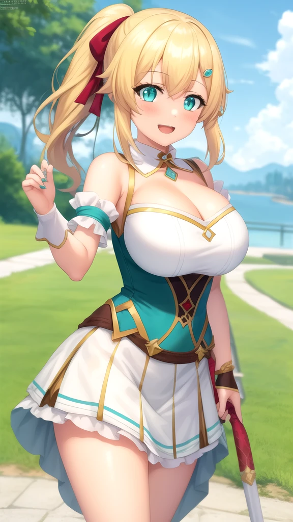 fluffy hair,flaxen hair,Orange Eyes,red tide,Sexy lips,Gloss々Lips,Breasts wide open,Valley,Heart mark in hand,Shy smile,Asymmetrical skirt hem,Luxurious dresses,Light pink wedding dresses,Wearing a veil,Tiara on the head,Confetti is flying