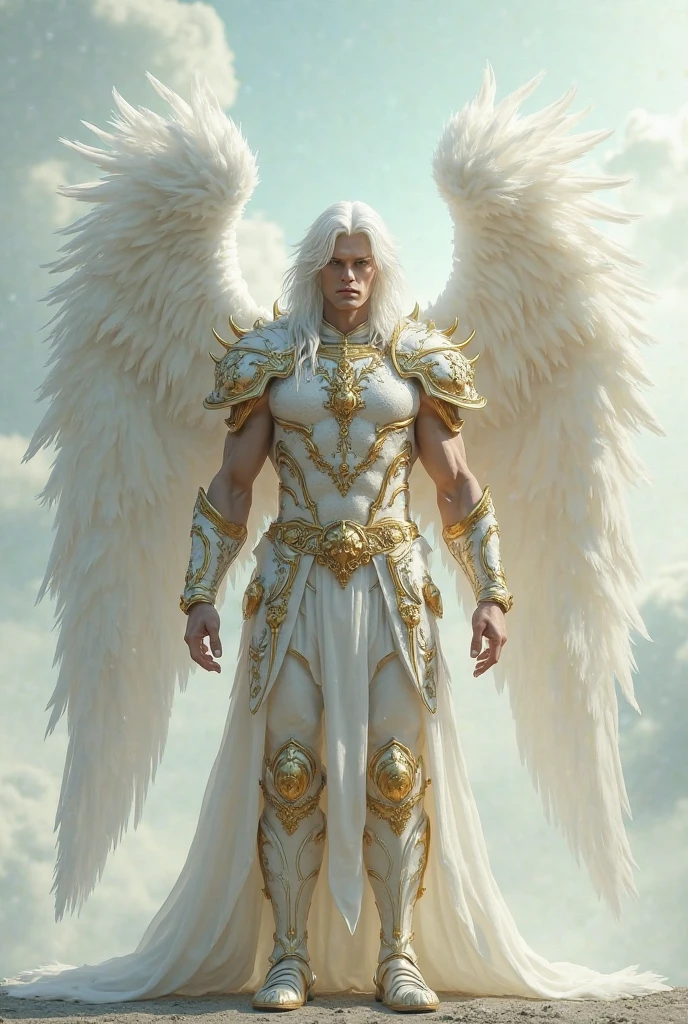 A full body shot of an angelic figure with large white wings - SeaArt AI