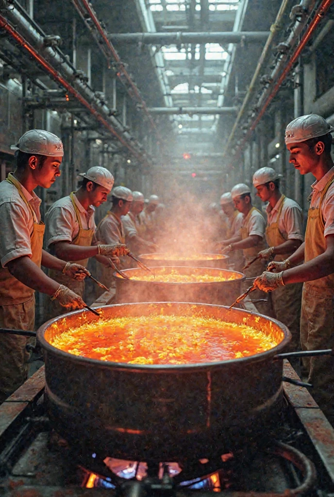hyperrealistic photo of a 3 Malay man without clothes soaking in a large cauldron that is boiling at 100 degrees Celsius. Looks like a cauldron of boiling water being burned by fire, boiling smoke coming out of the cauldron on the background of a worn and old brick wall. The image is very detailed, clear and smooth