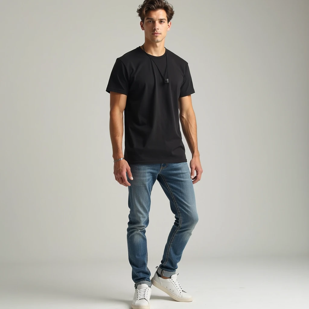 young man black t-shirt white sneakers short jeans, Image to use as a muckup