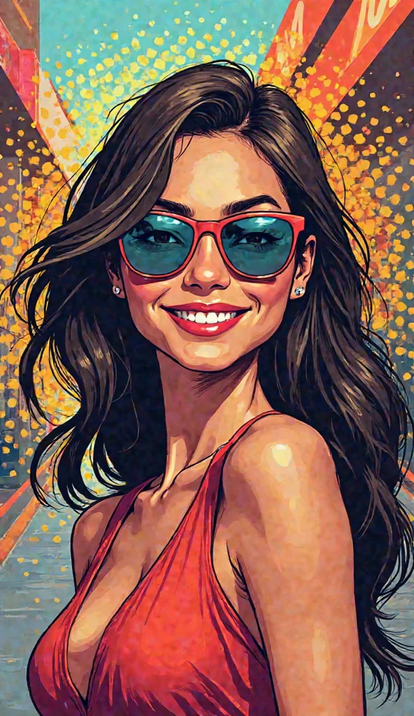 very sexy girl, long straight brown hair, colorful earrings, large square glasses, thin summer dress, small breasts, marked nipples, smiles, adorable, in a natural environment with a river,(simple oil painting in a style to Bill Sienkiewicz)