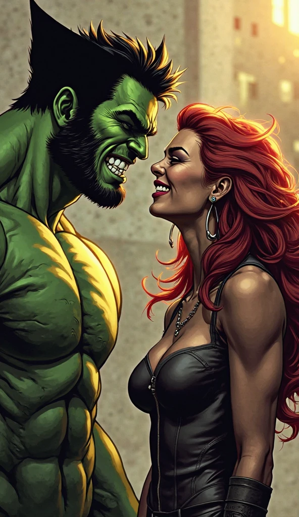 kiss, hetero, couple, romantic, neon, cheating, detailed face, detailed body, kitchen. beast boy (teen titans), green haired male, green eyes, green skinned muscular male, clothed male, denim pants, bare chest. starfire (teen titans), alien female, koriand'r, amazoness, warrior princess, muscular female, statuesque, slim, curvy, fit, narrow waist, small waist, wide hips, big breasts, big ass, sexy, sensual, orange skinned female, colored skin, long red hair, tight purple spandex shorts, purple latex tank top, gauntlets