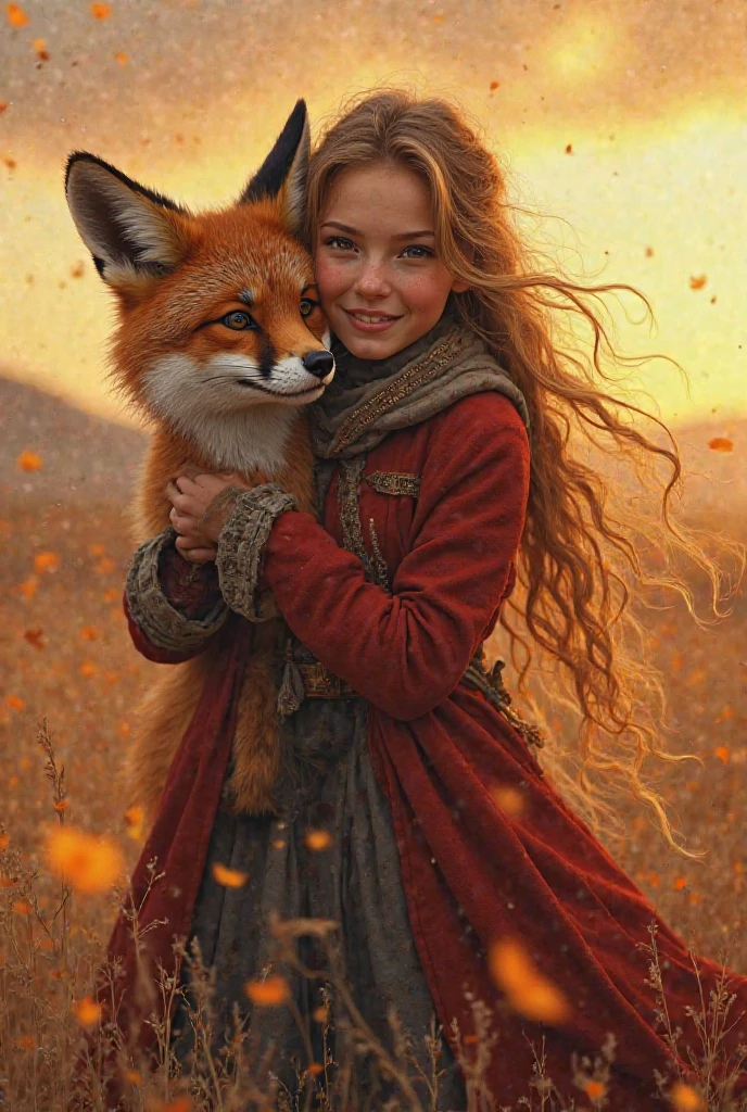 create image of a five year old . Redhead with orange eyes carrying a fox cub on her lap. They are in the forest and all around are falling leaves. it&#39;s autumn