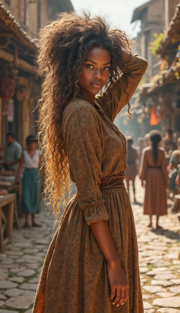 1girl, solo, Rustic homespun dress in earthy brown, made from coarse wool, with a loose smock-like fit, high waistline, and three-quarter length sleeves, Madame, Average Height, Lean, Triangular Face, Tan Skin, Honey Blonde Hair, ice blue Eyes, [[Curved Nose]], Full Lips, Round Chin, Long Hair, Thick Hair, Tapered Afro, natural breasts, sheer lipstick, Bending sideways with one arm reaching overhead, Enchanting medieval marketplace bustling with merchants and lively townsfolk, angry, proud, :] , breathtaking, intricate details, absurdres, highres, ultra detailed, highest quality, amazing details,