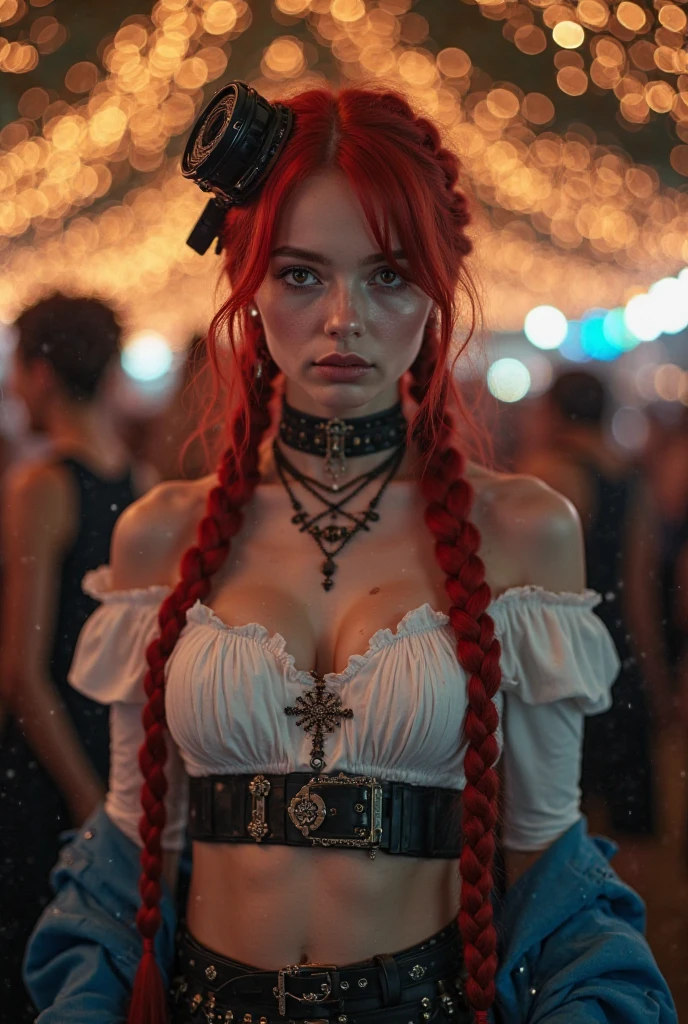 A red-haired steampunk android girl, (white top: 1.2), big boobs, schwarzes und blaues Leder, tattoo, Hyperdetailliert, ultrascharf, long red hair in pigtails, 8 Tausend, (Wahnsinnig detailliert:1.5), Full body shot, 20 Megapixel, Canon EOS R3, Detaillierte Haut, blasse Haut
