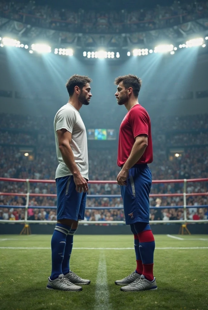 cristiano ronaldo,messi,wwe stage,powerful punch,dynamic action scene,hyperrealistic,photorealistic,cinematic lighting,dramatic shadows,highly detailed,epic scale,unreal engine,volumetric fog,dynamic motion blur,hyper realistic,cinematic composition,dramatic chiaroscuro,moody atmosphere,intense emotion,photo-real details,masterpiece,best quality,8k,high resolution,ultra-detailed,cinematic quality