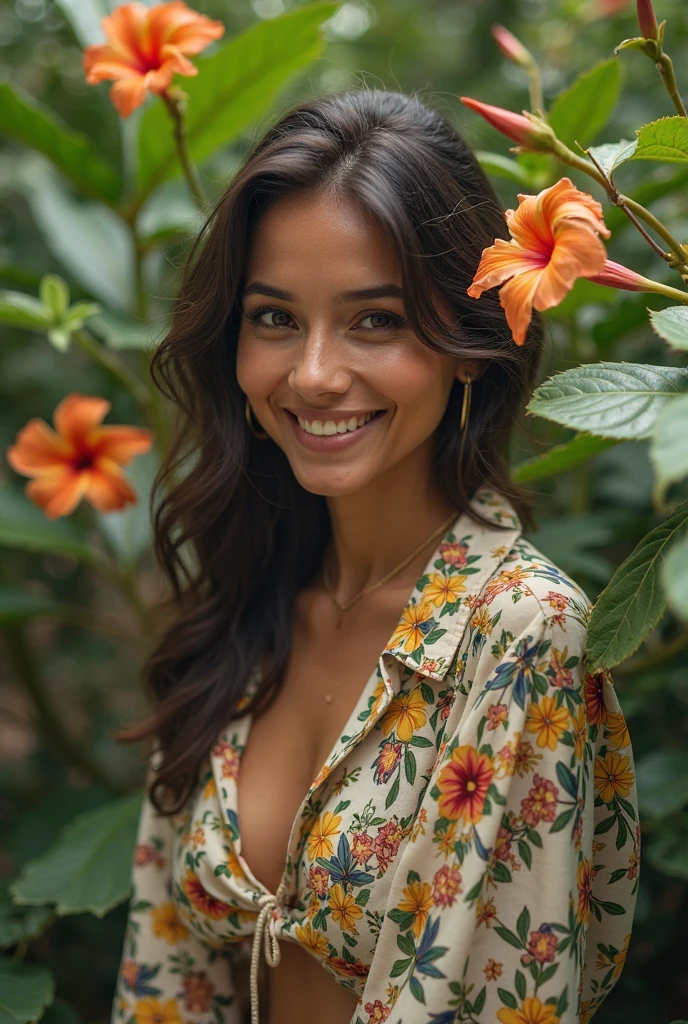 A Brazilian woman in a lush tropical garden, wearing an open shirt with a floral print, with a close-up capturing the harmonious beauty between her breasts and the natural flowers, showing off your natural charm and outgoing personality.