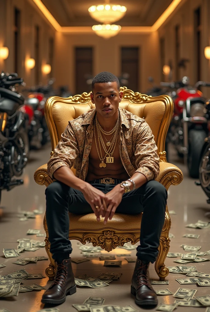 full view, full body, one handsome and muscular young black man with very stylish undercut well shaved,over-inflated siliconed lips, decorated nails, wearing a Gucci polo shirt, Gucci wide shorts, Gucci high socks, white Balenciaga triple S sneakers, lots of gold and diamond rings, bracelets, piercings and necklaces, sprawled on a sofa in a very luxurious apartment, surrounded by tons of banknotes, gold bars and gold and diamond jewellery. He sniffs a handful of banknotes