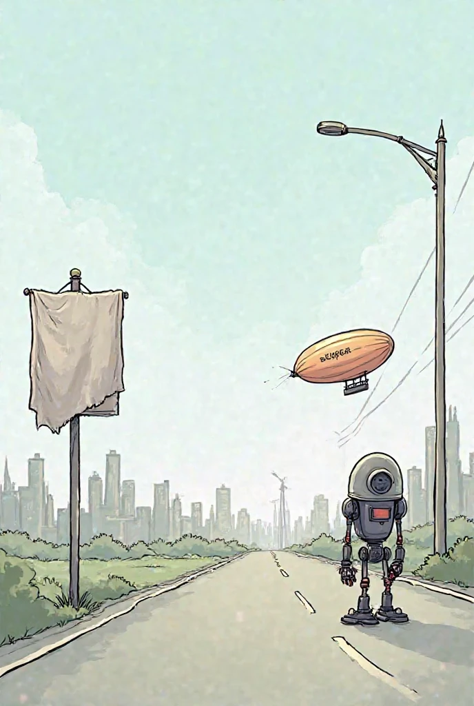 Make an animation-style drawing, in which a robot is covering up a sign placed on a light pole with a white blanket, draw a zeppelin carrying a message in the distance and a city full of pollution in the distance 