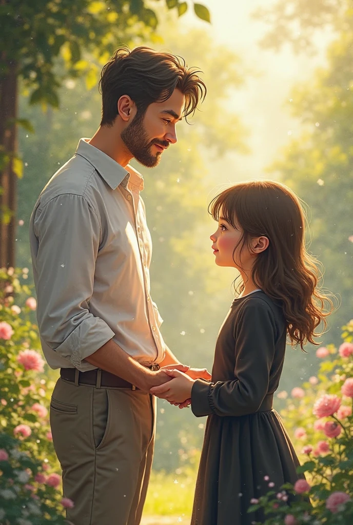 (anime, digital paint, children reuniting with their father at the edge of the forest, joyous and tearful reunion, warm and loving embrace, family home visible in the background, early morning light)
