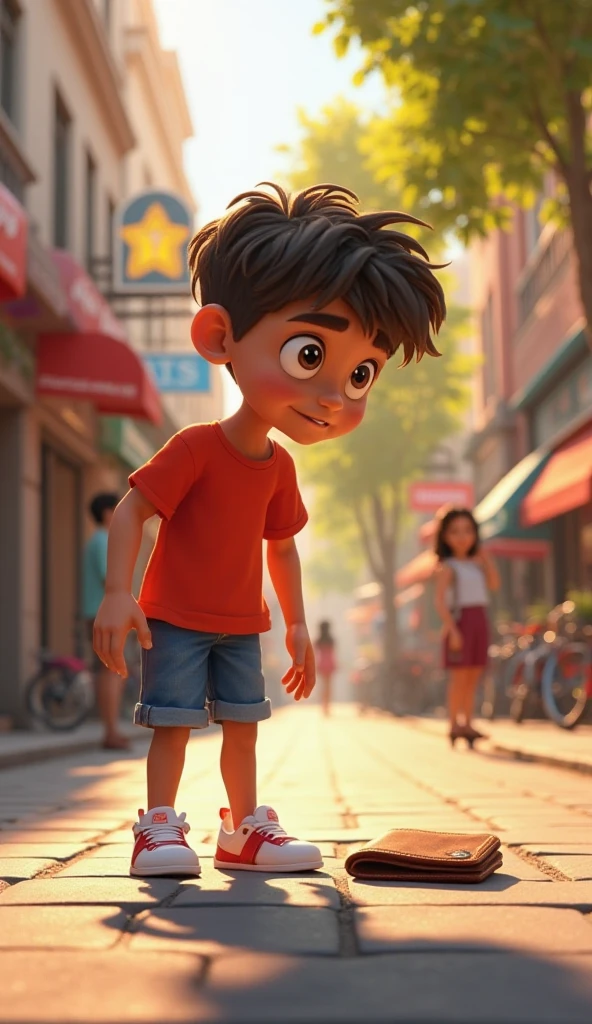 4k, realistic , masterpiece, high detailed skin, (realistic, photorealistic, photo-realistic:1.37) Create a photo a boy walking in the road side the boy beside are house and shops that boy costumes ra white t-shirt black shirt cargo pant with jordans red shoes