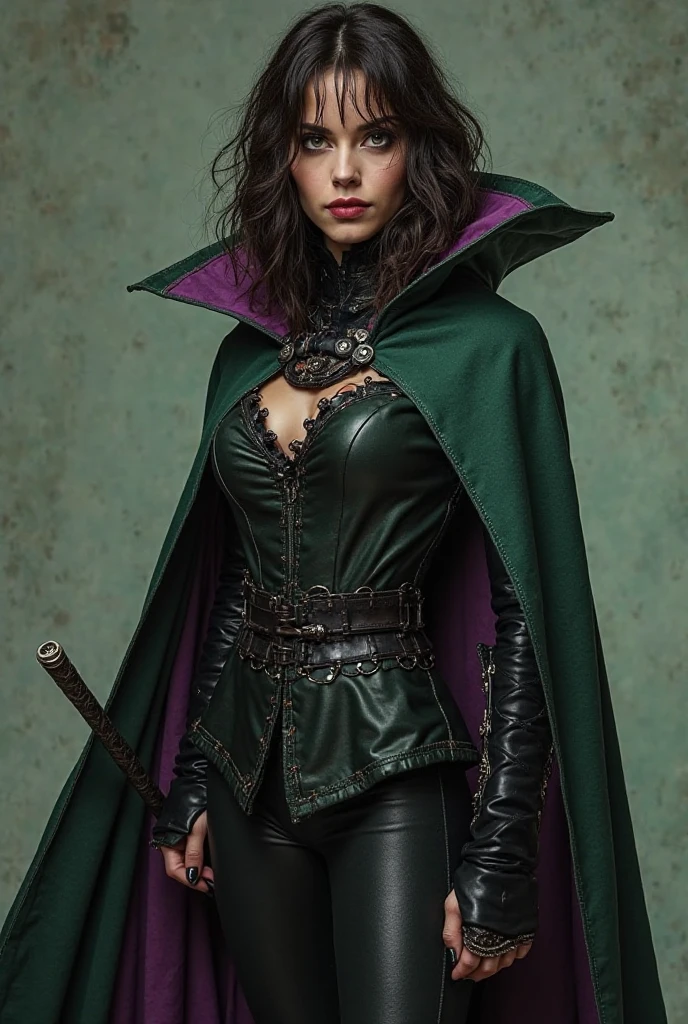 A 4k portrait of a 28 years old Bettie Page, pale skin, dark hair, green dress, black mantle, thief, rogue class, realistic, fantasy, DLSR camera, HDR, D&D, Dungeons&Dragons, black cape