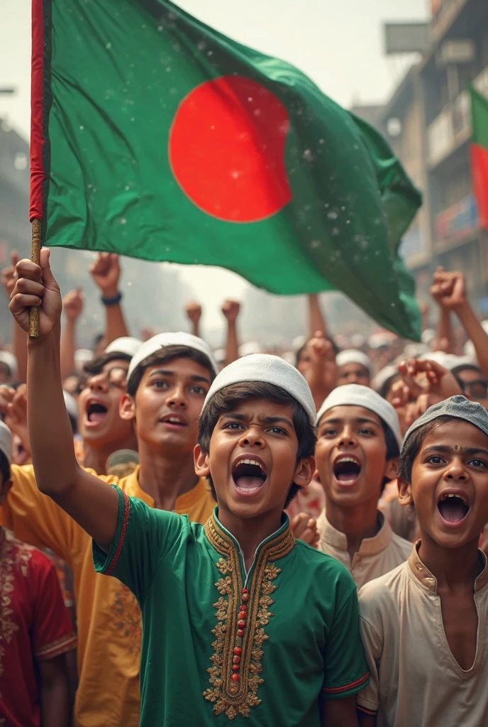 Many young boys of Pakistan are standing in the field, wearing Punjabi, holding the flag of Pakistan. Besides, some boys are standing with the flag of Bangladesh.3d picture,8k resolution
