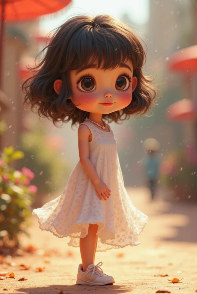 A young girl. Wearing a white dress. Wearing hollow leather sandals on her feet., black hair, sunglasses, hollow eyes, eyeball, wide eyes, smile, perspective, first-person view, bokeh, modern, UHD, masterpiece, anatomically correct, textured skin, high details, high quality,  highres