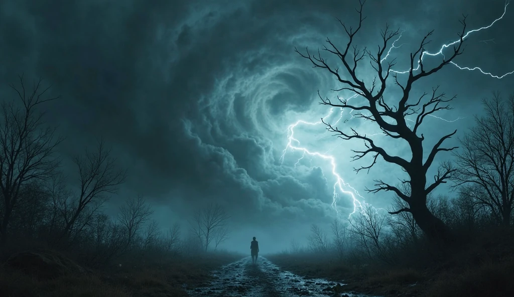 "Create a terrifying horror image of a violent storm. Dark, swirling clouds dominate the sky, with lightning strikes illuminating the scene in flashes of intense light. The wind howls through twisted, barren trees, their branches contorting in unnatural ways. The atmosphere is filled with a sense of impending doom, and the ground is littered with debris. In the distance, a dark figure stands, partially obscured by the storm, adding to the feeling of terror. The storm's energy is chaotic and menacing, making the scene feel alive with supernatural forces."

CLARITY, MAXIMUM MANY DETAILS, HD, HIGH QUALITY, 4K, IMPORTANT!!! - ALL CHARACTERS' FACES ARE CLEAR AND DIRECTED TO THE VIEWER, PHOTOS MUST BE CLEAR AND OF QUALITY.