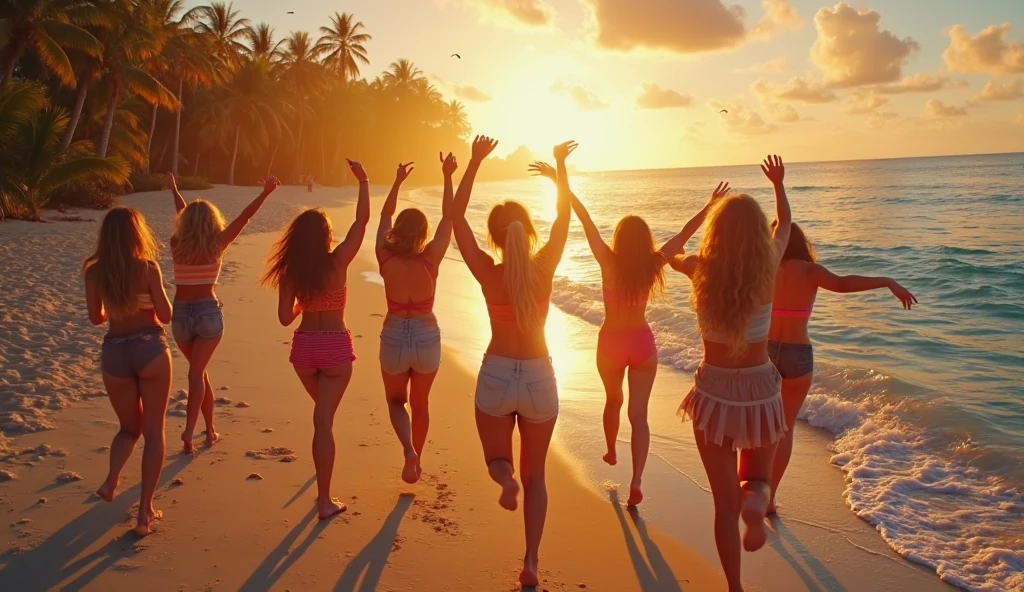 Make a picture of some girls on the beach watching the sunset, as if it were made with a retro camera. Wihout clothes and naked