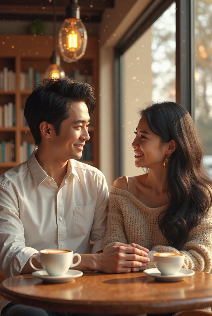 ((Highest quality、、masterpiece:1.3))、1 male、1 female,36 years old 39 years old、Shine the light on my face、Slim Beauty、Beautiful couple、Upper Body、smile、 (Slim face), (the body is スリム), (Brown Hair), (Shortcuts), テーブルのフルコースディナーとwine glass、Amazing view of the sunset sky and clouds、smileの美しさ、Wine bottle、sparkling wine、Long sleeve shirt、dress、White wine, red wine, wine glass, Beautiful fine grain, Depth f/2,saturation, High Contrast, Strong light and shadow,Moist Body:1.5、 texture、The hair is very shiny、