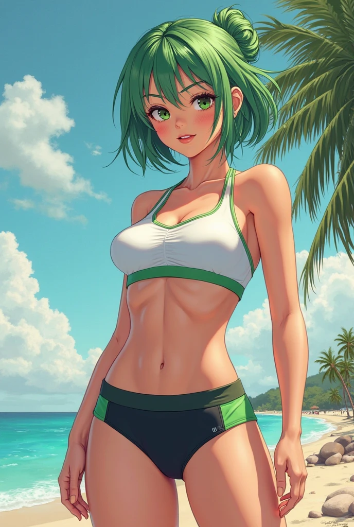 girl youtuber,(((1girl))),((extremely cute and beautiful green curly-haired girl)),
(short breasts:1.4),big butt,(((green curly hair:1.35,very curly hair,colored inner hair,ear breathing,short hair))),(((green_eyes:1.3))),intricate eyes,beautiful detailed eyes,symmetrical eyes,big eyes:1.3,((fat)),(((lustrous skin:1.5,bright skin: 1.5,skin tanned,shiny skin,very shiny skin,shiny body,plastic glitter skin,exaggerated shiny skin,illuminated skin,wet legs))),detailed body,(detailed face),
cute,slutty,seductive,erotic,(((nsfw))),
zettai ryouiki,revealing clothing,show skin,((rave mini-skirt,visible thong straps,white loose tank top with an anime art print)),((wet clothes,intricate outfit,intricate clothes)),
(dynamic pose:1.0),embarrassed,(centered,scale to fit dimensions,Rule of thirds),
outdoor,((beach rave party)),scenery:1.25,((intricate scenery)),((beach rave party background)),beach rave party atmosphere,Summer beach party,sand,beach party behind,harmonized orange sunset adding to the atmosphere of a summer beach party,beach party atmosphere,Boom festival,European rave,Cytorance festival,time golden,Ozora festival,sea,horizon,palm,palm trees,Christmas lights,
(Glossy rave ornaments),highres,sharp focus,(ultra detailed,extremely detailed),(photorealistic artwork:1.37),(extremely detailed CG unity 8k wallpaper),(((vibrant colors,vibrant theme))),(intricate),(masterpiece),(best quality),artistic photography,(photography taken by sldr),(intricate background),perfect rendered face,perfect face details,realistic face,photo realistic,((intricate detail)),(((realism))),