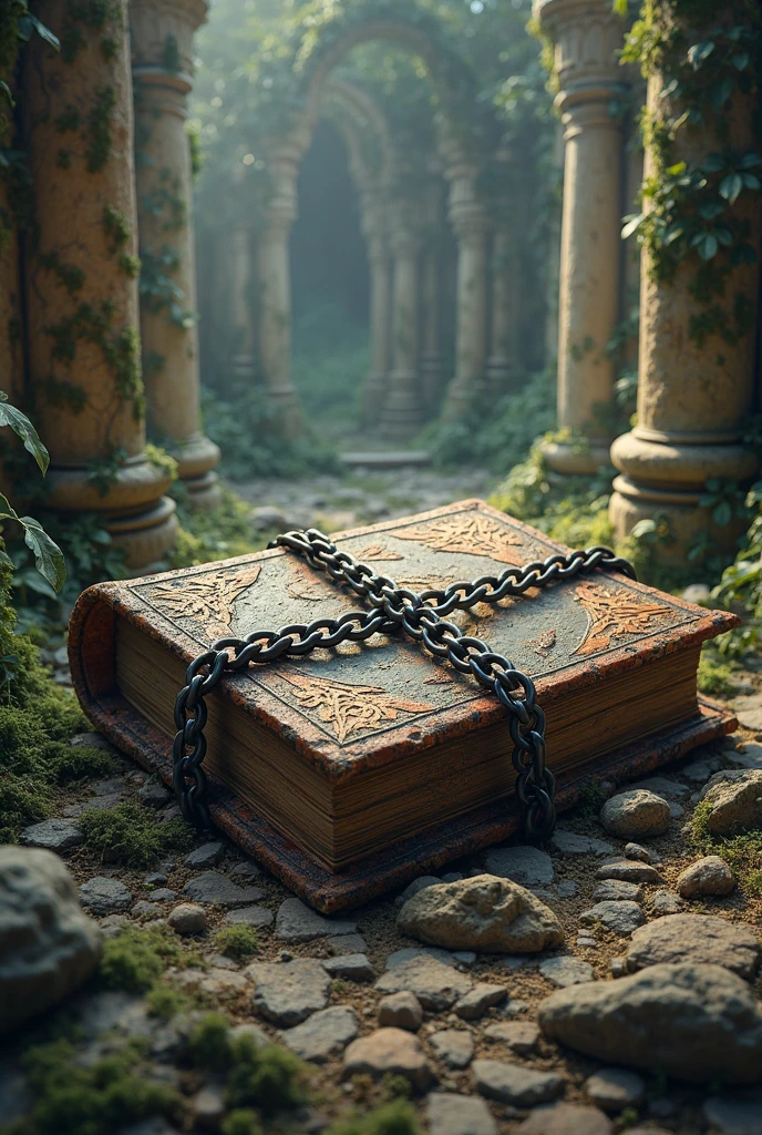 japanese antient book is  enshrined in the japanese shrine, the book is closed, many japanese amulets is put on the book, (heavy deep black steam is on the floor)