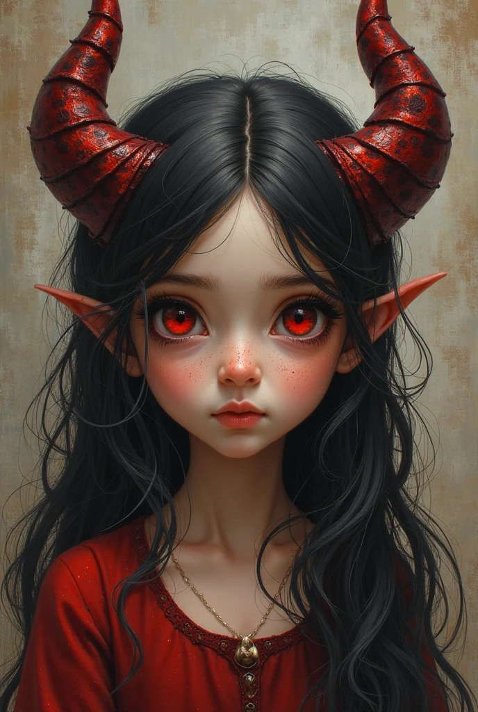 A demon child with black hair and vibrant red eyes, dressed in a medieval noble outfit.