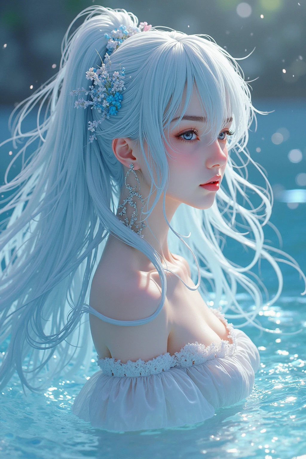 Sweet girl clothes 6,Printed dress,(Knee shot)Boutique,masterpiece,Ultra-high resolution,Clear face,White hair,Black Hair,Colorful Hair,short hair,Straight Hair,White hair long braid,Glowing red eyes,Red X pupil,(Trueness:1.4),RAW photos,Cold Light,woman wearing transparent dress underwater,Wallpaper Anime Blue Water,Gurwitz-style artwork,Water magic close-up fantasy,author:Yang Jie,Gurwitz,Beautiful artistic illustration,Water Nymphs,Beautiful digital artwork,Beautiful digital illustrations,Li Song,Beautiful anime portrait,Bovo's Art Style